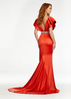 Back - Red ASHLEYlauren 11130 elegant satin gown featuring a V-neckline, V-back, draped ruffle shoulder detail, intricately beaded waistline, and a sweeping train for a sophisticated and glamorous look.