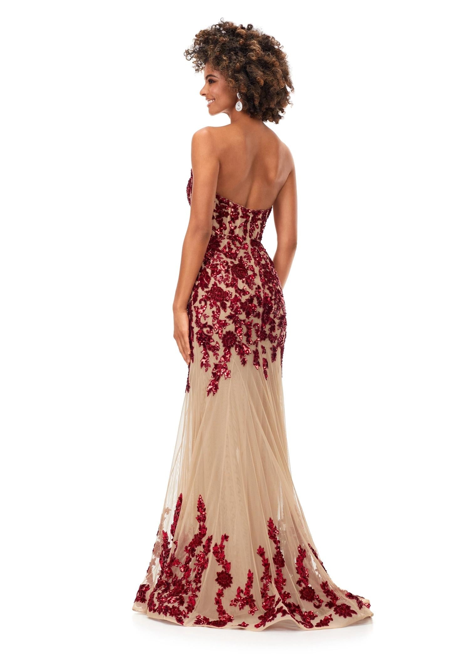 Back - Red ASHLEYlauren 11361 strapless mermaid gown featuring an intricate hand-beaded bustier, sweetheart neckline, illusion lining, and a horsehair hemline for added structure.