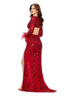 Back - Red ASHLEYlauren 11364 beaded gown featuring a V-neckline, crisscross cut-out bodice, long sleeves trimmed with feathers, left leg slit, and a sweep train for added drama.