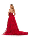 Back - Red ASHLEYlauren 11405 strapless gown featuring a sweetheart neckline, fully sequined design, glimmering beadwork, full tulle overskirt, and left leg slit for added elegance.