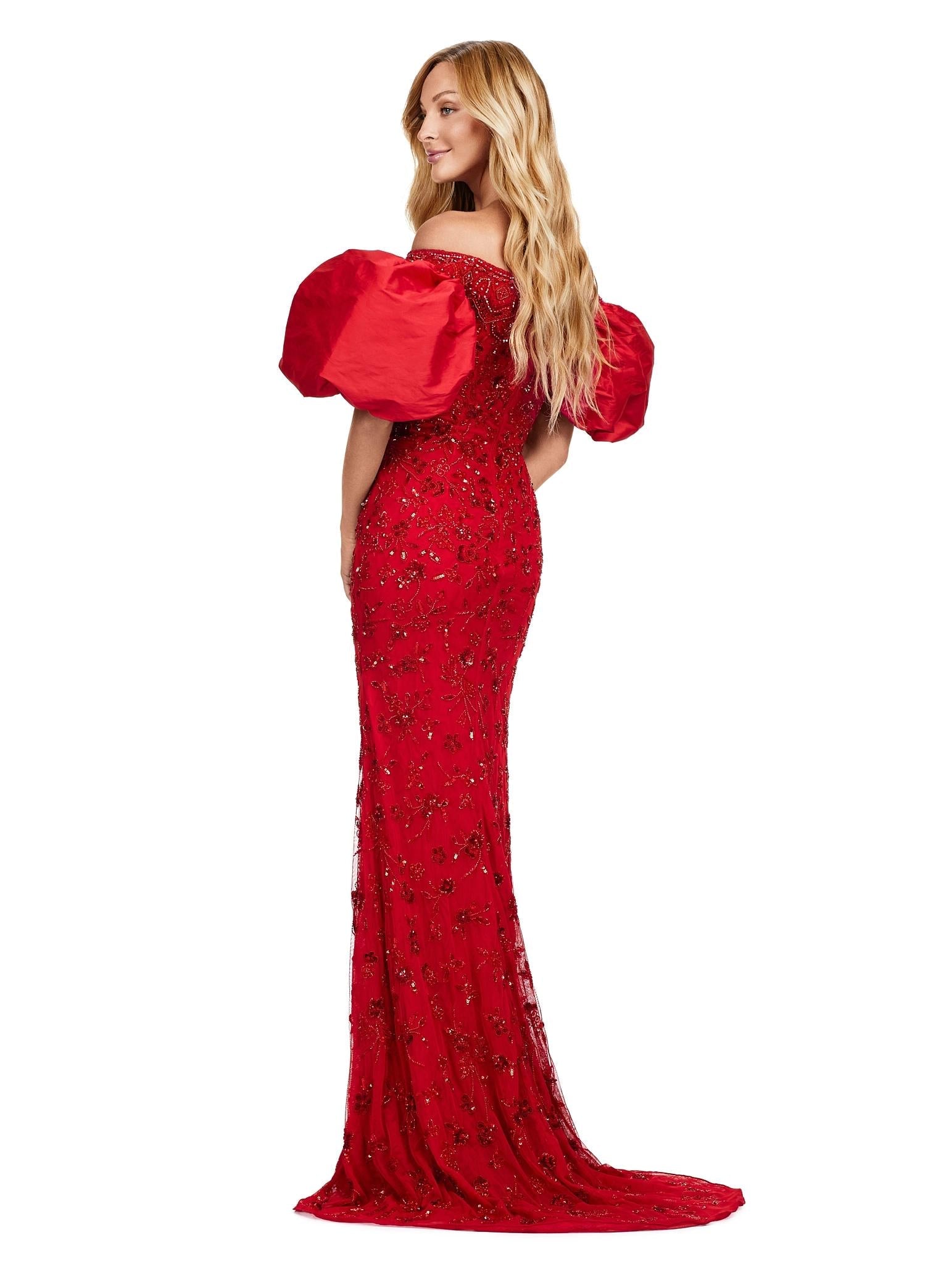 Back - Red ASHLEYlauren 11432 fully beaded gown featuring an off-shoulder neckline and glamorous taffeta puff sleeves for an elegant and statement-making look.