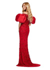 Back - Red ASHLEYlauren 11432 fully beaded gown featuring an off-shoulder neckline and glamorous taffeta puff sleeves for an elegant and statement-making look.