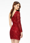 Back - Red ASHLEYlauren 4457 fully hand-beaded cocktail dress featuring a one shoulder sleeve and a fitted skirt for a sleek and glamorous silhouette.