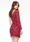Back - Red ASHLEYlauren 4498 fitted one shoulder cocktail dress featuring an intricate peacock-inspired sequin bead pattern, single sleeve, and a front left leg slit for a bold and elegant look.