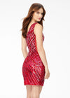 Back - Red ASHLEYlauren 4509 hand-beaded cocktail dress featuring a one shoulder neckline, illusion side cut-out, perfectly placed bead pattern to accentuate curves, a fitted skirt, and full zipper back for a glamorous and elegant look.