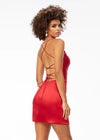 Back - Red ASHLEYlauren 4513 satin cocktail dress featuring spaghetti straps, an exquisitely draped bodice, wrap fitted skirt with a left leg slit, and an open lace-up back for an elegant and sophisticated look.