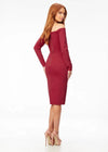 Back - Red ASHLEYlauren 4514 elegant off shoulder scuba gown featuring long sleeves, a tea-length fitted skirt, high back with exposed zipper, and back center vent for a sophisticated and timeless look.