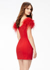 Back - Red ASHLEYlauren 4523 off shoulder scuba cocktail dress featuring a sweetheart neckline, feather details, and signature contour seaming for a flattering and elegant silhouette.