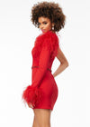 Back - Red ASHLEYlauren 4526 fitted scuba cocktail dress featuring a one shoulder design with feather details, scattered heat set stones, and a sleek fitted skirt for a bold and elegant look.