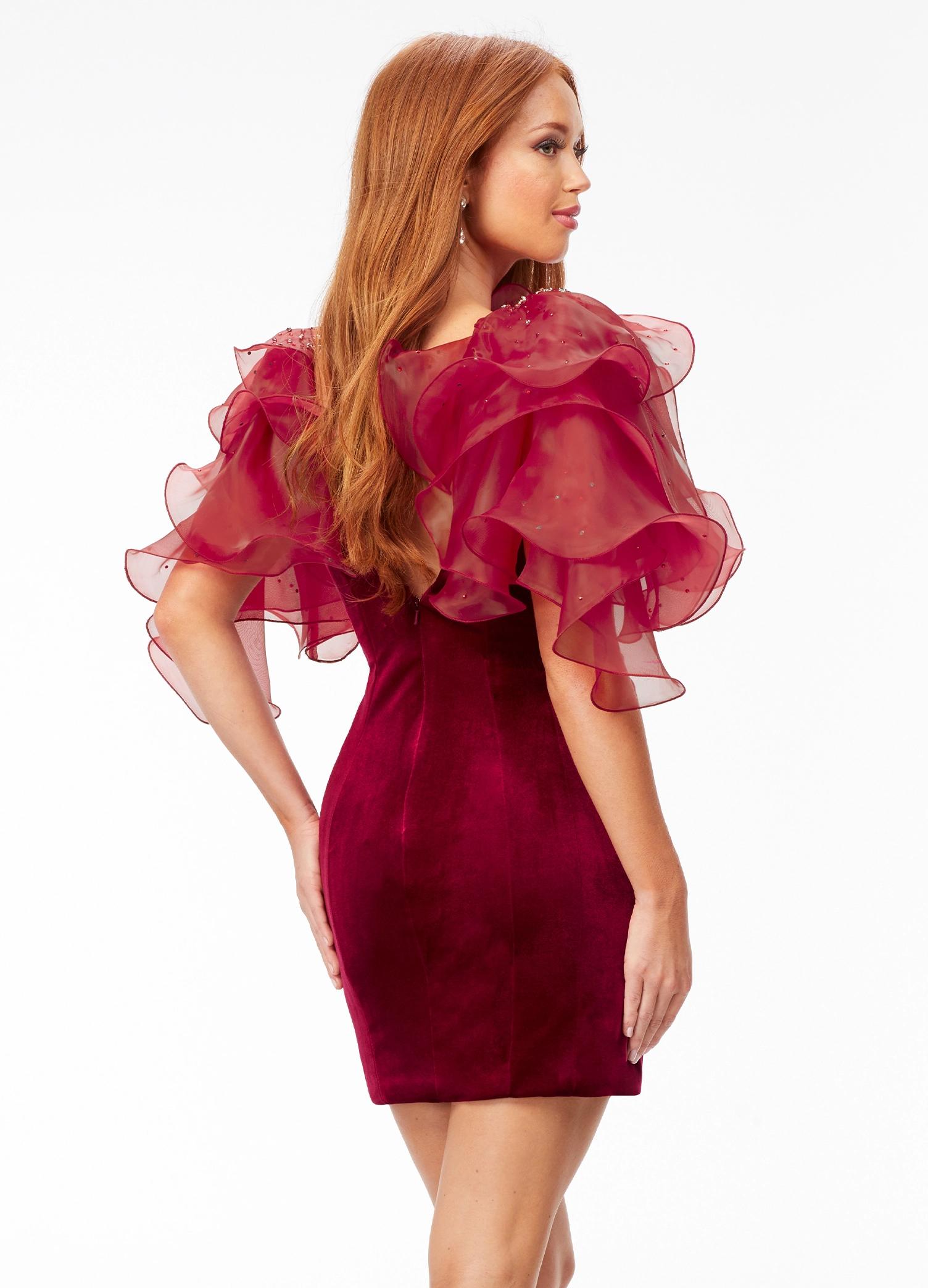 Back - Red ASHLEYlauren 4529 fitted velvet cocktail dress featuring a V-neckline, V-back, multi-tiered organza ruffle details with scattered crystals, and contour seaming for a glamorous, curve-enhancing look.