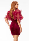Back - Red ASHLEYlauren 4529 fitted velvet cocktail dress featuring a V-neckline, V-back, multi-tiered organza ruffle details with scattered crystals, and contour seaming for a glamorous, curve-enhancing look.