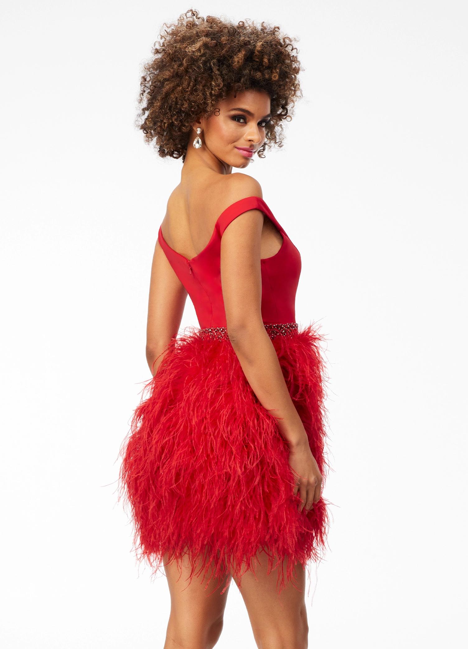 Back - Red ASHLEYlauren 4536 off shoulder cocktail dress featuring a sweetheart neckline, crystal-encrusted belt, and a fitted fully feather skirt for a glamorous and elegant look.