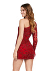Back - Red ASHLEYlauren 4565 fully beaded cocktail dress featuring a one sleeve design, modern waist cut-out, and feather accents at the wrist for a bold and glamorous look.