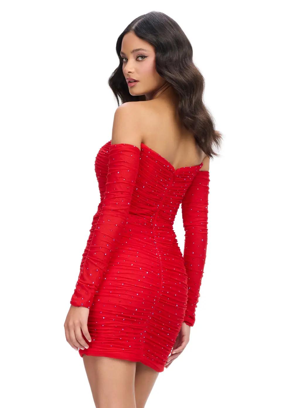 Back - Red ASHLEYlauren 4598 form-fitting strapless cocktail dress featuring elegant ruching, detachable sleeves, and heat-set stones for a glamorous and versatile statement look.