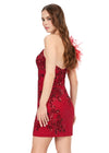 Back - Red ASHLEYlauren 4612 fully sequin cocktail dress featuring a one shoulder neckline with feather details, an intricately beaded bustier, and a fitted skirt for a bold and glamorous look.