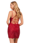 Back - Red ASHLEYlauren 4625 fully beaded sequin cocktail dress featuring a sweetheart neckline, double spaghetti straps, fitted silhouette, and lace-up back for a glamorous and elegant look.