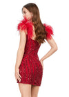 Back - Red ASHLEYlauren 4626 fully beaded cocktail dress featuring a sweetheart neckline, feather-detailed straps, intricate beadwork, and a wrap skirt for a bold and show-stopping look.