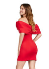 Back - Red ASHLEYlauren 4640 off shoulder scuba cocktail dress featuring oversized bow details, off shoulder straps, and a fitted skirt for a chic and elegant look.