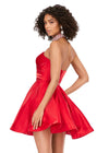 Back - Red ASHLEYlauren 4644 strapless satin cocktail dress featuring a sweetheart neckline, A-line skirt, and a fully beaded choker for an elegant and sophisticated look.