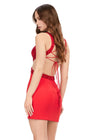 Back - Red ASHLEYlauren 4649 jersey cocktail dress featuring a V-neckline, perfectly placed cutouts, beaded details, lace-up back, and a fitted skirt for a fun and flirty look.