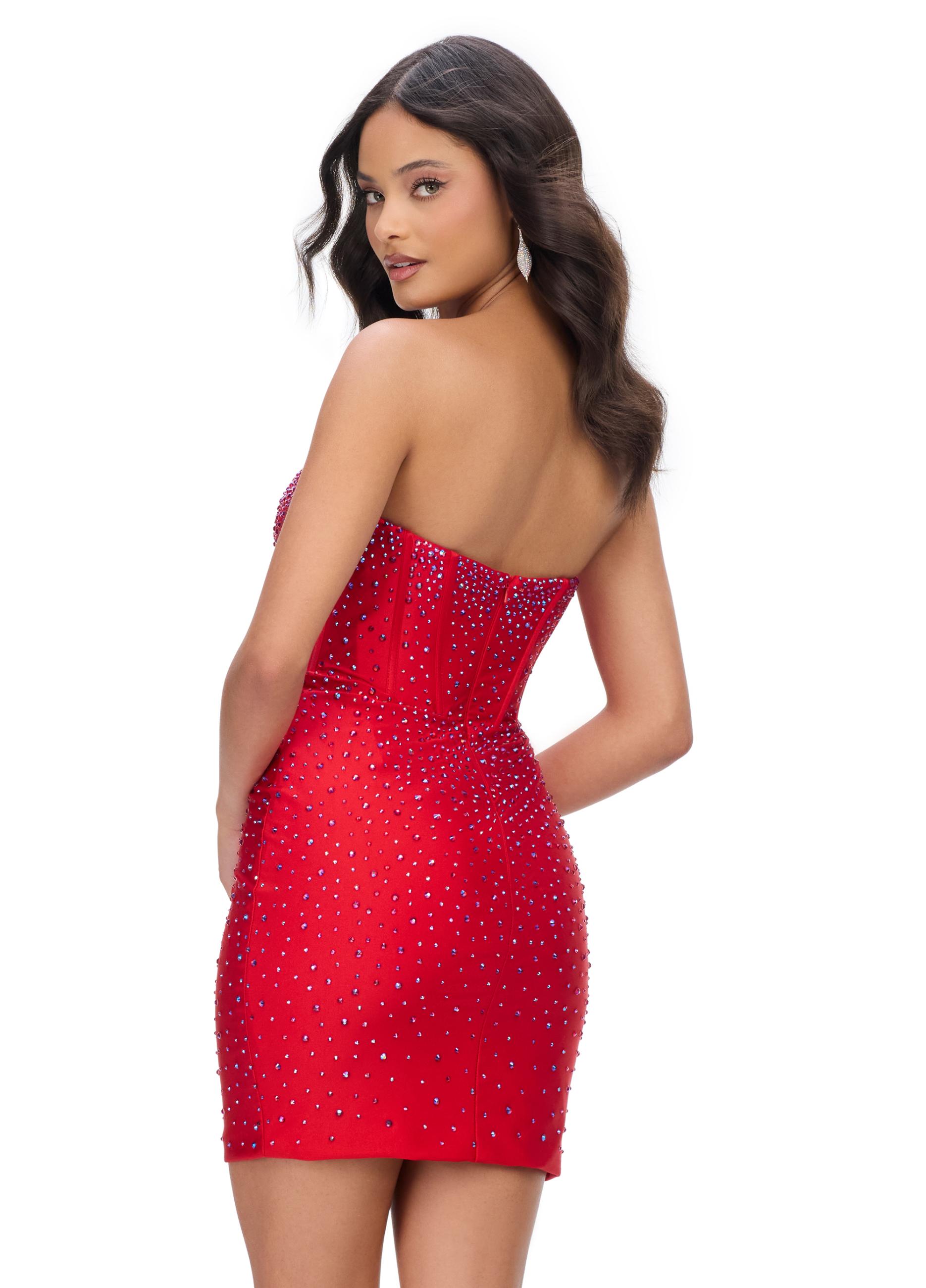 Back -  Red ASHLEYlauren 4689 strapless jersey cocktail dress featuring a fully beaded corset bustier, illusion V-neckline, fitted skirt, and press-on stone embellishments for a glamorous and sophisticated look.