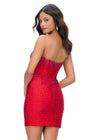 Back -  Red ASHLEYlauren 4689 strapless jersey cocktail dress featuring a fully beaded corset bustier, illusion V-neckline, fitted skirt, and press-on stone embellishments for a glamorous and sophisticated look.