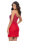 Back - Red ASHLEYlauren 4690 stunning cocktail dress featuring an illusion neckline, corset bustier with press-on stones cascading down the skirt, and a wrap skirt with a side slit for an elegant and head-turning look.