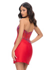 Back - Red ASHLEYlauren 4691 one shoulder cocktail dress featuring a fully beaded corset bustier with press-on stones, a wrap skirt, and a left leg slit for an elegant and glamorous look.