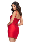 Back - Red ASHLEYlauren 4693 cocktail dress featuring spaghetti straps, an illusion V-neckline, corset bustier, press-on stone embellishments, and a fitted skirt for a glamorous and head-turning look.