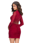 Back - Red ASHLEYlauren 4736 fitted cocktail dress featuring a high neckline, illusion long sleeves, press-on heat set stones accentuating the collar, cuffs, and waistline for a glamorous and curve-enhancing look.