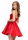 Back - Red ASHLEYlauren 4780 classic satin cocktail dress featuring delicate spaghetti straps, a sweetheart neckline, and an elegant A-line skirt for a timeless and sophisticated look.