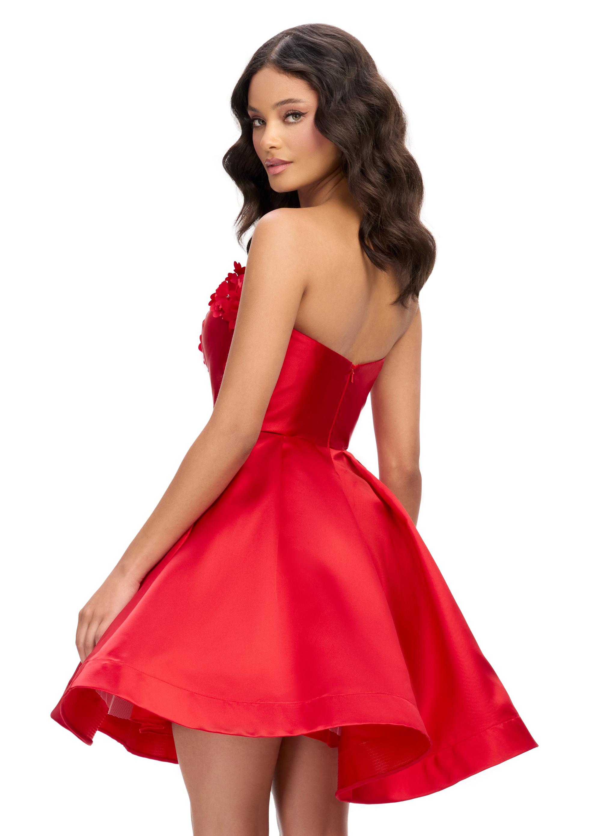 Back - Red ASHLEYlauren 4782 Mikado cocktail dress featuring a stunning sweetheart neckline, delicate flower detailing, and an A-line skirt for a fabulous and elegant look.