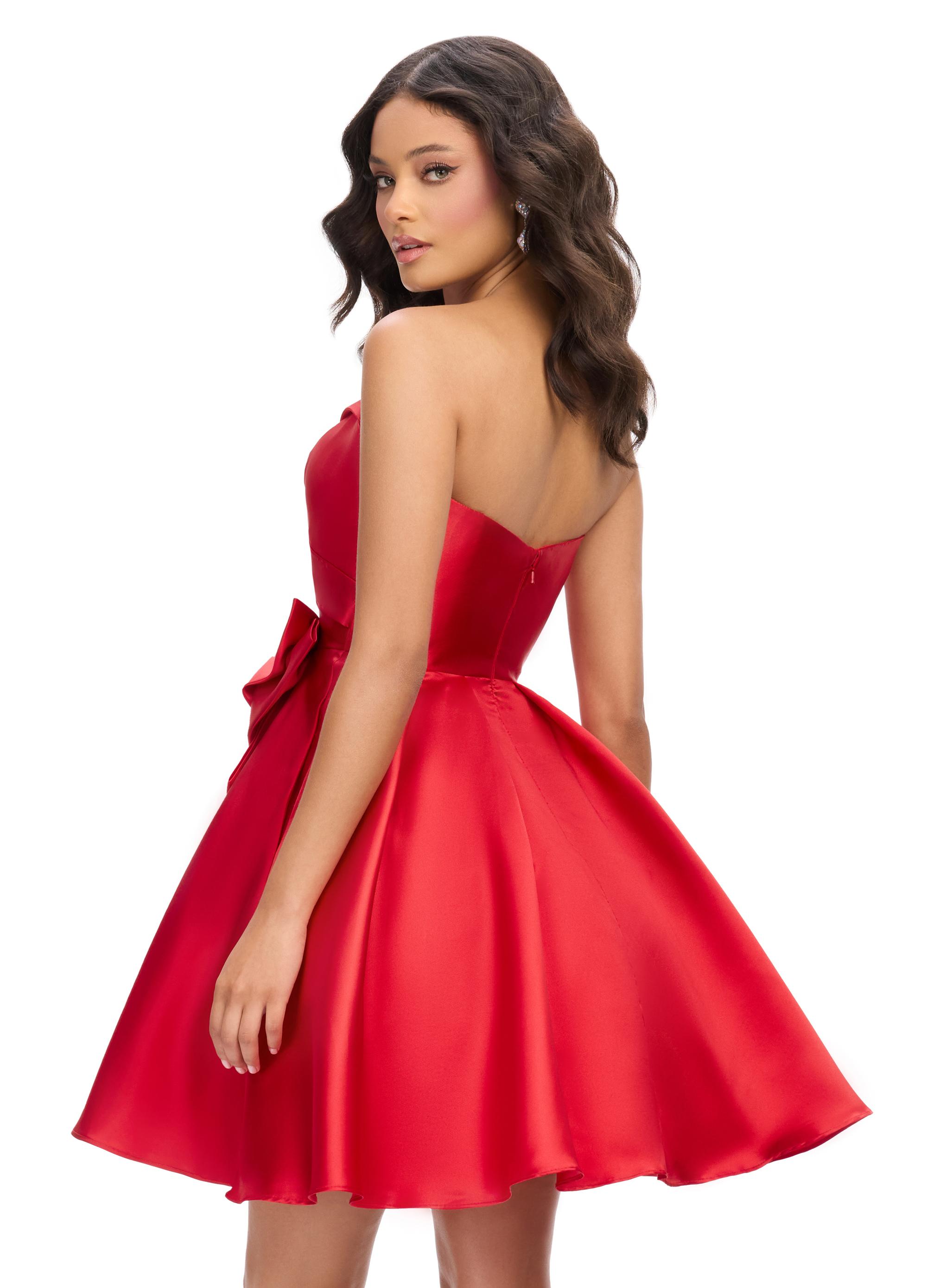 Back - Red ASHLEYlauren 4783 Mikado cocktail dress featuring a sweetheart neckline, an elegant A-line skirt, and an oversized bow accent for a show-stopping and sophisticated look.