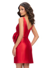 Back - Red ASHLEYlauren 4785 Mikado cocktail dress featuring a plunging V-neckline, elegant V-back, fitted skirt, and an oversized bow accent for a sophisticated and show-stopping look.