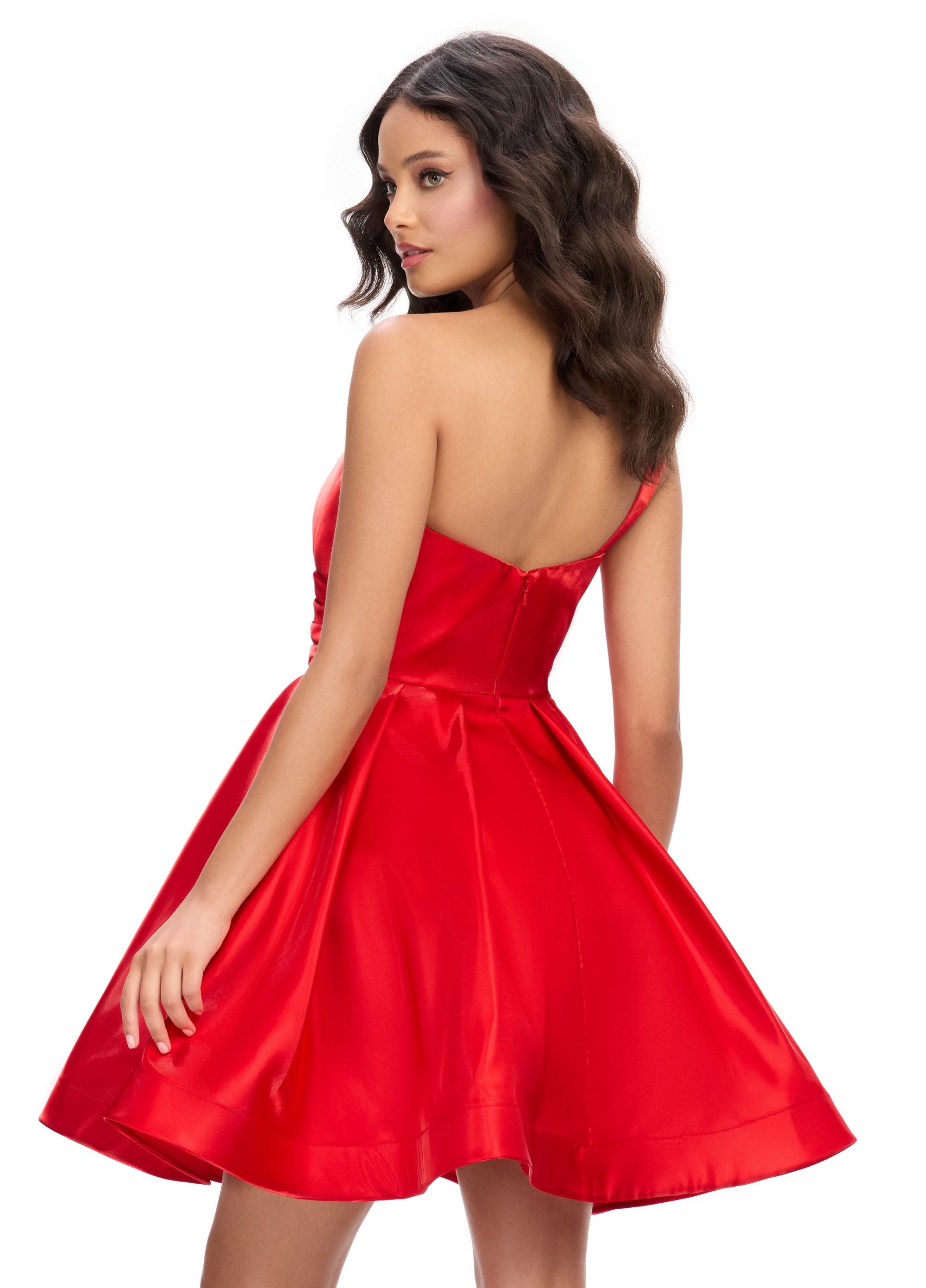 Back - Red ASHLEYlauren 4786 classic satin cocktail dress featuring a one shoulder design, ruched sweetheart bustier, and an elegant A-line skirt for a timeless and sophisticated look.