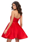 Back - Red ASHLEYlauren 4786 classic satin cocktail dress featuring a one shoulder design, ruched sweetheart bustier, and an elegant A-line skirt for a timeless and sophisticated look.