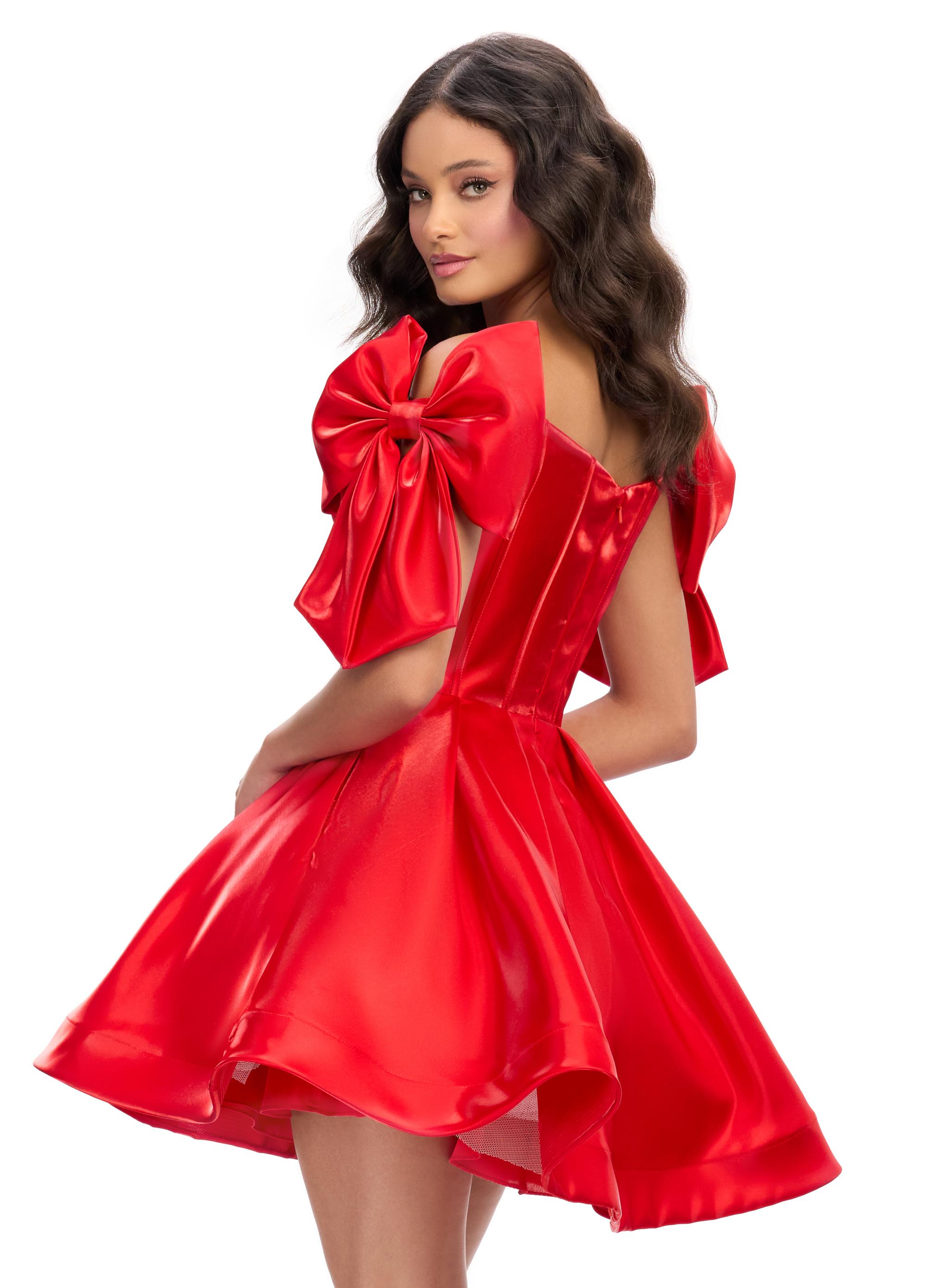 Back - Red ASHLEYlauren 4788 satin cocktail dress featuring a sweetheart neckline, off shoulder bow details, corset bustier, and a full A-line skirt for a dainty, elegant, and timeless look.