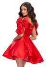 Back - Red ASHLEYlauren 4788 satin cocktail dress featuring a sweetheart neckline, off shoulder bow details, corset bustier, and a full A-line skirt for a dainty, elegant, and timeless look.