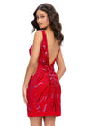 Back - Red ASHLEYlauren 4790 fully hand-beaded cocktail dress featuring a V-neckline, V-back, illusion side cut outs, and a fitted silhouette for a glamorous and show-stopping look.