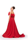 Back - Red ASHLEYlauren 8236 fun and flowy A-line ball gown featuring delicate spaghetti straps, a beaded bustier adorned with a mix of beads and feathers, creating a bold and statement-making look.