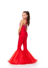 Back - Red ASHLEYlauren 8265 super sassy kids jersey jumpsuit featuring a halter neckline, heat-set stone embellishments, and flared organza bell-bottom pant legs for a bold and stylish look.