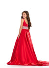 Back - Red ASHLEYlauren 8276 satin kids ball gown featuring a scoop neckline, V-back, and a fully beaded waistband for an elegant and glamorous touch.