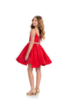 Back - Red ASHLEYlauren 8277 satin kids cocktail dress featuring a high neckline, spaghetti straps, off shoulder beaded straps, a beaded belt, and a V-back for a fabulous and stylish look.