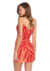 Back - Red/Coral ASHLEYlauren 4500 strapless gown featuring a plunging V-neckline, ornate sequin bead pattern, and striking V-back for a bold and glamorous look.
