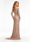 Back - Rose Gold ASHLEYlauren 11176 off shoulder sequin gown featuring long sleeves, a fitted silhouette, an inner corset for added structure, and a sweeping train for a dramatic and glamorous look.