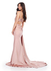 Back - Rose gold ASHLEYlauren 11537 one shoulder satin gown featuring a ruched bustier, beaded crystal straps and waist accents, and a draped side skirt for an elegant, glamorous finish.