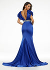 Back - Royal ASHLEYlauren 11130 elegant satin gown featuring a V-neckline, V-back, draped ruffle shoulder detail, intricately beaded waistline, and a sweeping train for a sophisticated and glamorous look.
