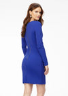 Back - Royal ASHLEYlauren 4336 fitted short dress featuring a classic crew neckline, long sleeves with shoulder pads, and a full exposed zipper back for a sleek and modern look.