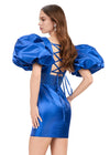 Back - Royal ASHLEYlauren 4549 cocktail dress featuring a V-neckline, oversized puff sleeves, heat set stone-embellished waistband, fitted skirt, and center lace-up back for a bold and glamorous look.