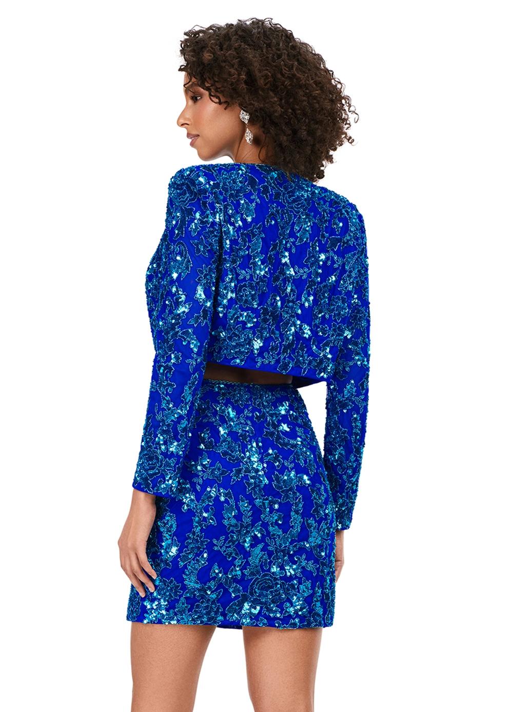 Back - Royal ASHLEYlauren 4618 three piece set featuring a fully liquid beaded crop top, intricately beaded jacket, and a fitted skirt with a slit for a bold and fashionable statement look.